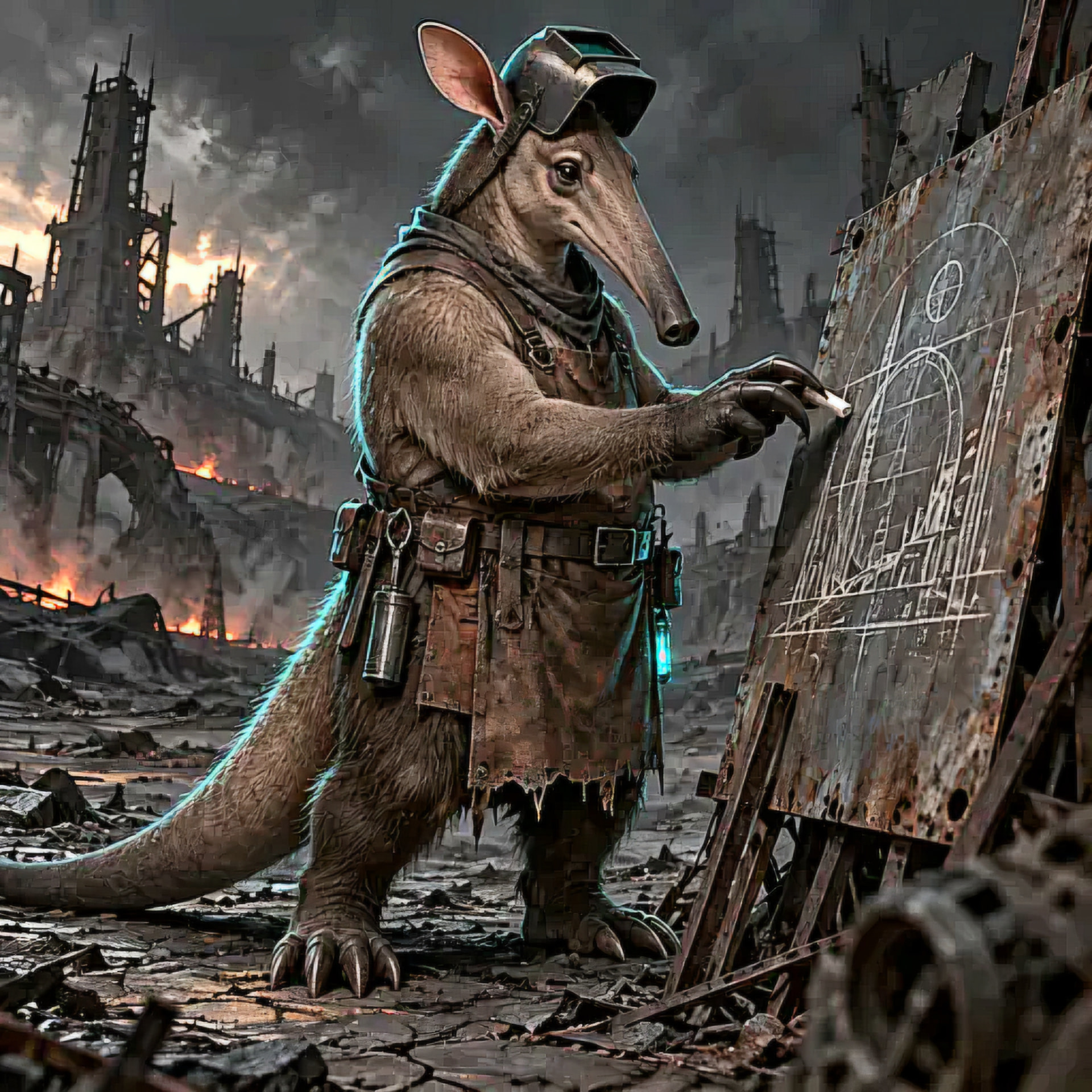 Don Alvaro the aardvark drawing creative plans on a metal blueprint board